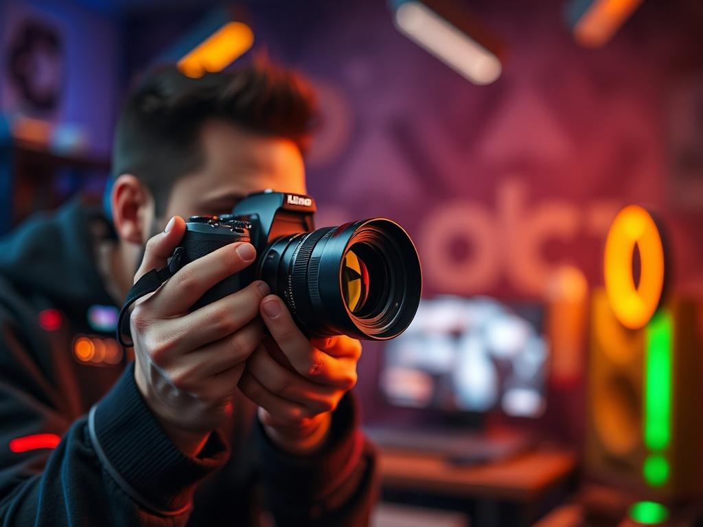 A focused close up shot of a professional photographer working
