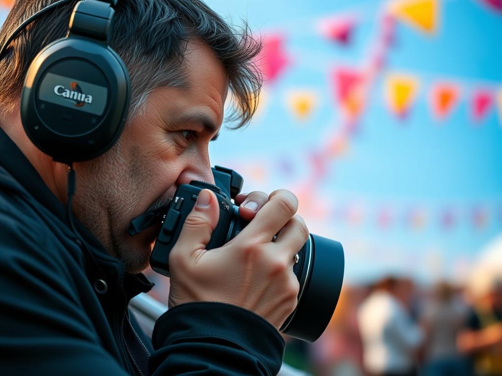 A high resolution close up shot of a professional photographer