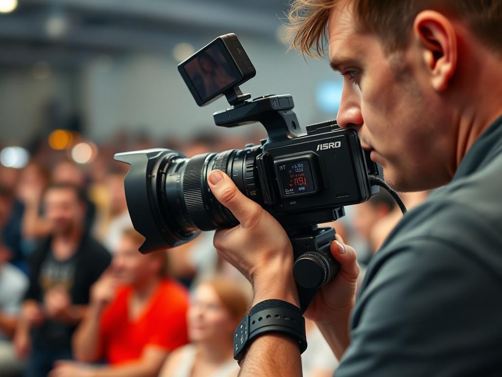 A high resolution close up shot of a videographer filming