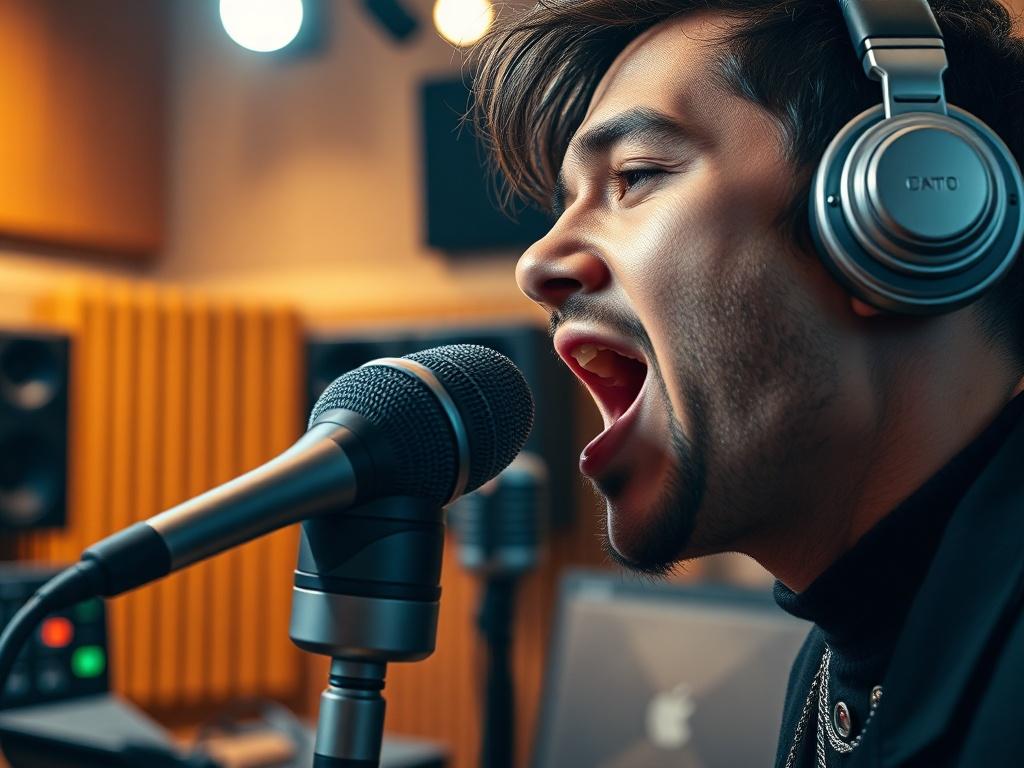A close-up shot of a music artist in a professional studio, passionately singing into a microphone. The background features sound equipment and acoustic panels, with warm lighting creating an inviting atmosphere. The artist is focused and expressive, showcasing the creative process of music production. The image should reflect a high-resolution, hyper-realistic style, compatible with the rgb(193, 153, 87) primary color.