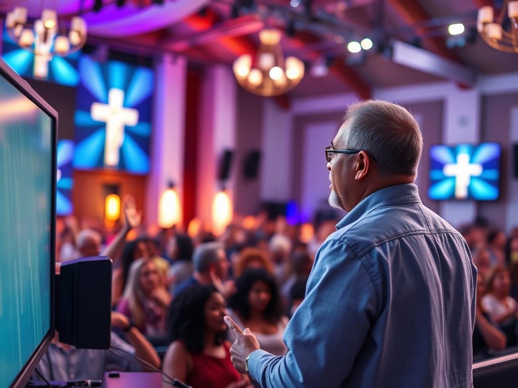 A vibrant church service scene showcasing advanced audio-visual technology in use, with a pastor speaking passionately to an engaged audience. The focus is on the modern equipment, such as high-definition screens and professional lighting, enhancing the worship experience. The background features a diverse congregation, some with hands raised in praise, emphasizing the inclusivity and energy of the service. The composition is tight, highlighting the tech innovation while capturing the warmth and spirit of t
