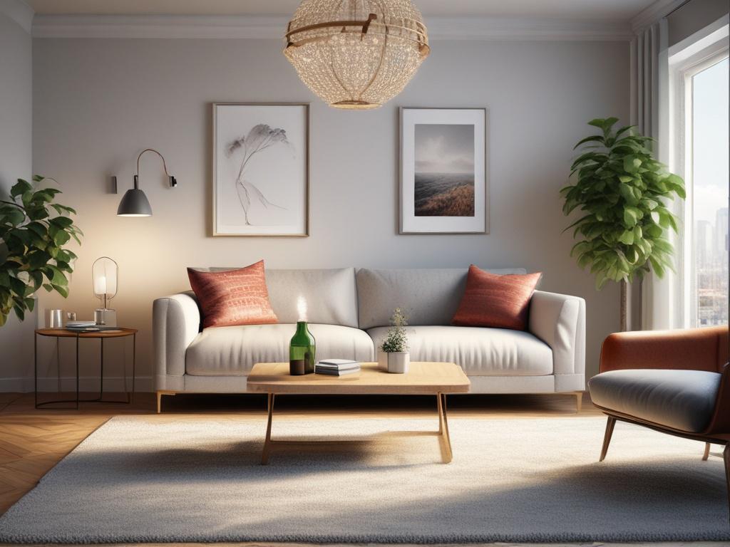 A hyper-realistic close-up shot of a sparkling clean living room, showcasing a well-organized space with gleaming surfaces and vibrant decor. The focus is on a plush couch with perfectly arranged cushions and a coffee table featuring a fresh vase of flowers. The background is softly blurred, emphasizing the cleanliness and warmth of the space, all captured with a 45mm f/1.2 lens style.