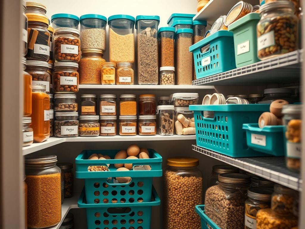 A close-up shot of a beautifully organized pantry, showcasing neatly arranged jars, labeled containers, and color-coordinated bins. The background is softly blurred to emphasize the organized items in the pantry. The lighting is warm and inviting, highlighting the textures and colors of the pantry items. The overall composition is simple and clear, focusing solely on the organized pantry without any distractions.