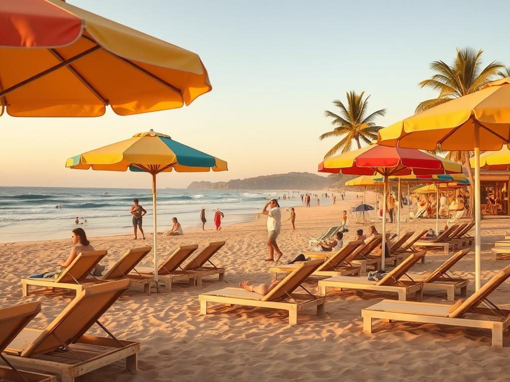 A serene beach setting with comfortable sun loungers under colorful