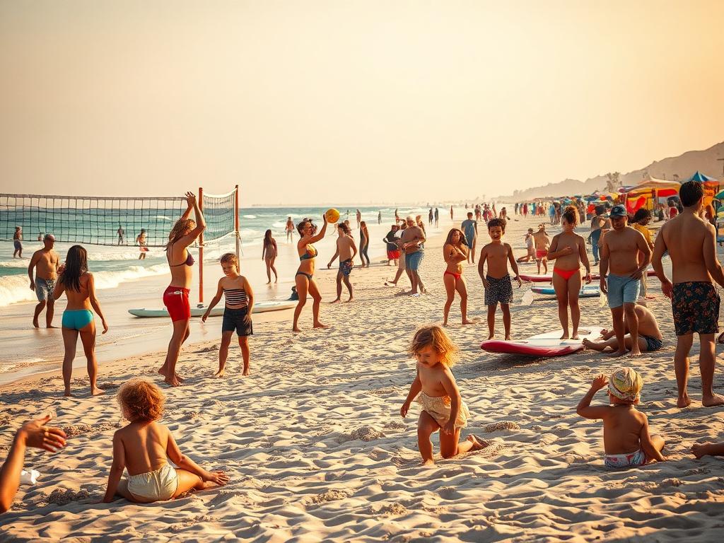 A lively beach atmosphere with people engaging in various activities