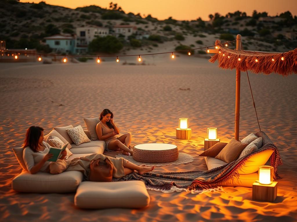 A peaceful beach scene at sunset, with soft golden hues