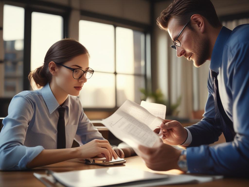 a close up of two professionals discussing financial documents, warm