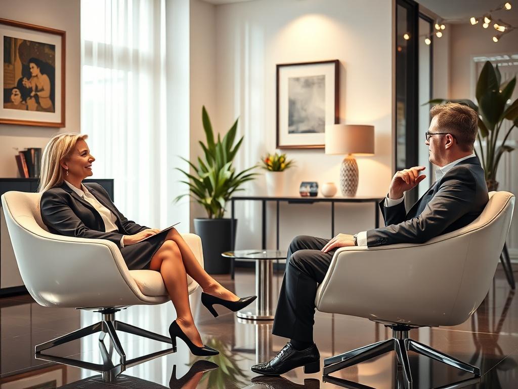 A polished executive coaching session taking place in a chic