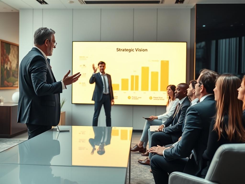 A dynamic leader standing in front of a group of