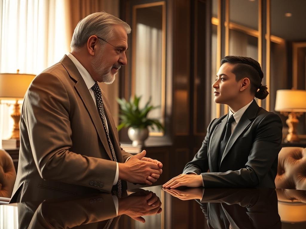 An elegant scene depicting a seasoned leader mentoring a young