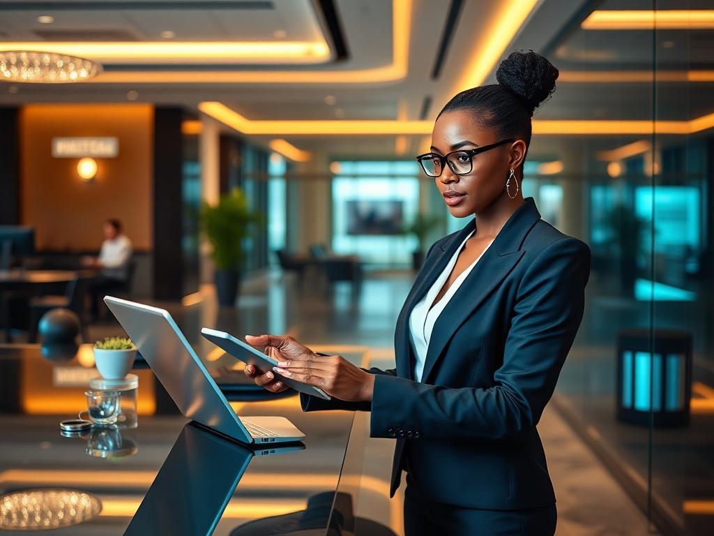 A realistic high-resolution photo featuring a modern, elegant workspace with a single subject—an empowered woman of color, dressed in upscale professional attire, confidently engaging with digital tools. The background should portray a stylish office environment with high-end design elements, incorporating warm lighting and luxurious finishes, reflecting a sense of innovation and identity. The overall image should evoke a feeling of empowerment and professional growth, with glossy surfaces and luminous high