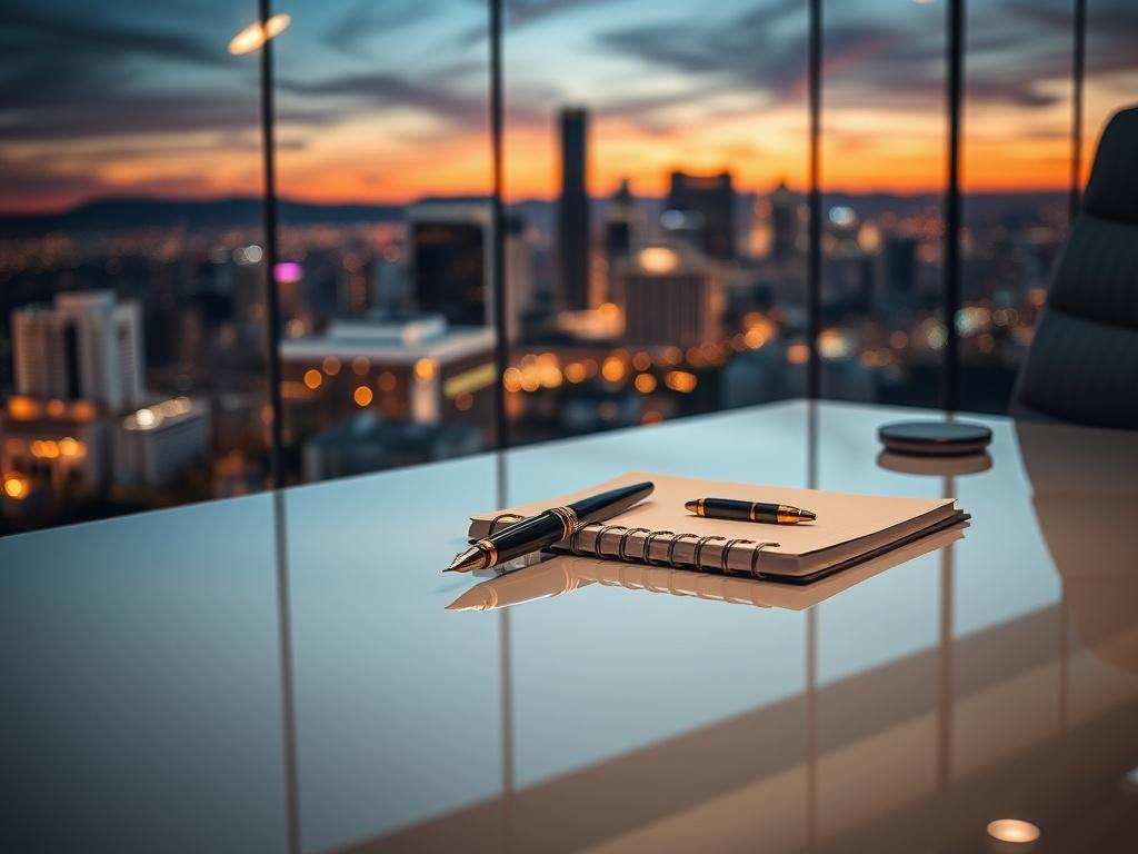 A luxurious workspace featuring a sleek, modern desk adorned with an elegant notebook and a high-end pen. The background showcases a view of Los Angeles skyline during sunset, with warm lighting that creates an inviting atmosphere. The desk should be positioned to the right, leaving ample space for a stylish, soft-focus background of the city. The overall composition should convey a sense of sophistication and professionalism, embodying the essence of leadership and empowerment.