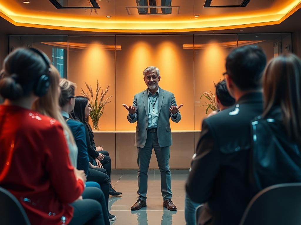 An inspiring leader standing in front of a group of emerging leaders, sharing wisdom and insights in a beautifully designed mentoring space. The atmosphere is warm and inviting, symbolizing growth and the passing of knowledge.