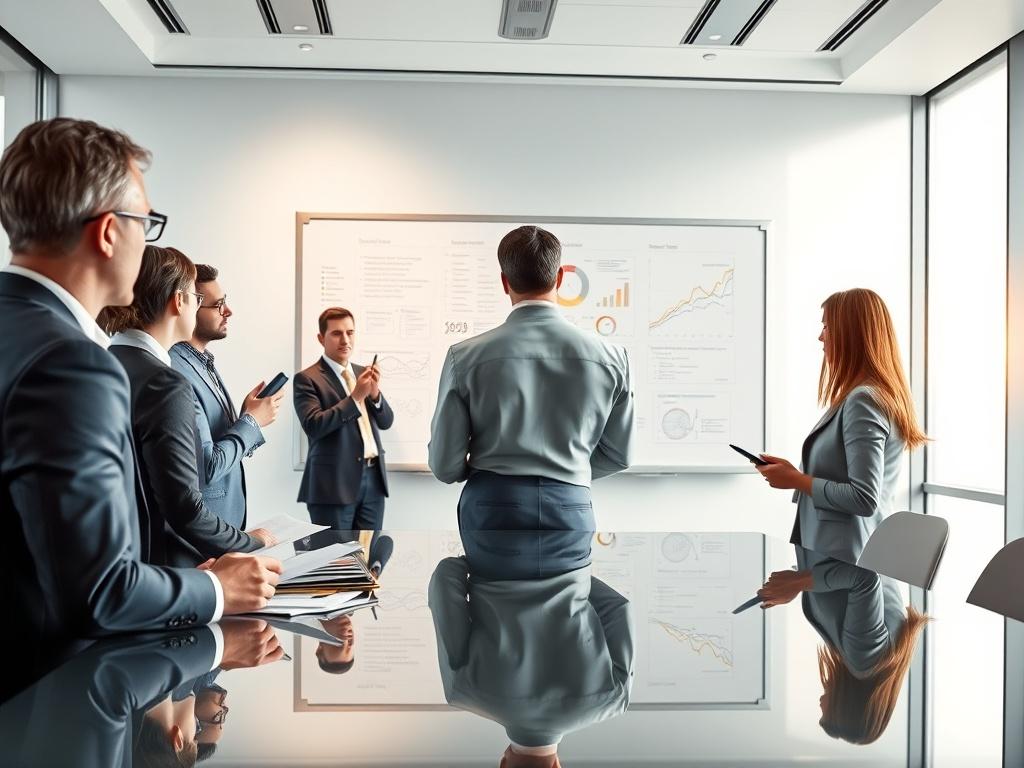 A visionary leader standing in front of a whiteboard filled with strategic plans, engaging a team of professionals who are taking notes and nodding in agreement. The backdrop is a well-lit modern conference room, emphasizing focus and ambition.