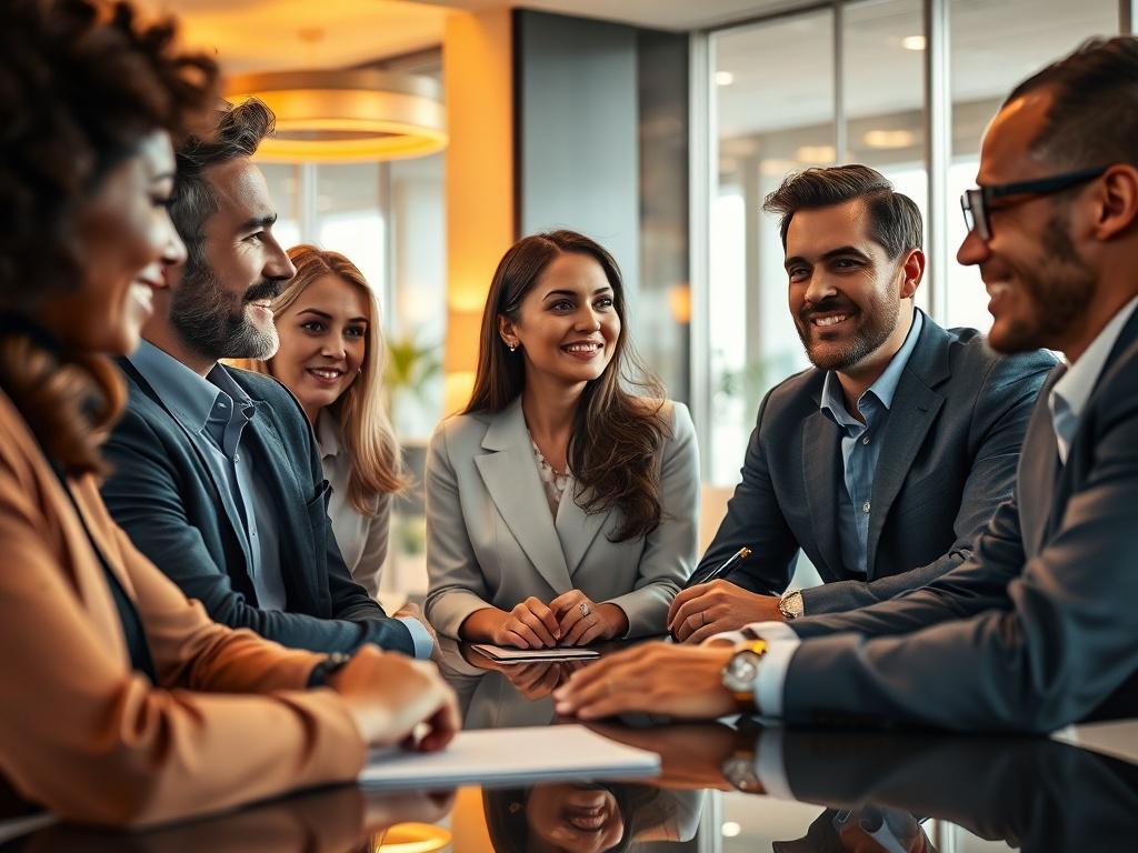 A close-up shot of a diverse group of professionals engaged in a collaborative conversation, with warm lighting highlighting their expressions. The setting is a modern office space, featuring elegant decor and soft furnishings that evoke a sense of comfort and trust.