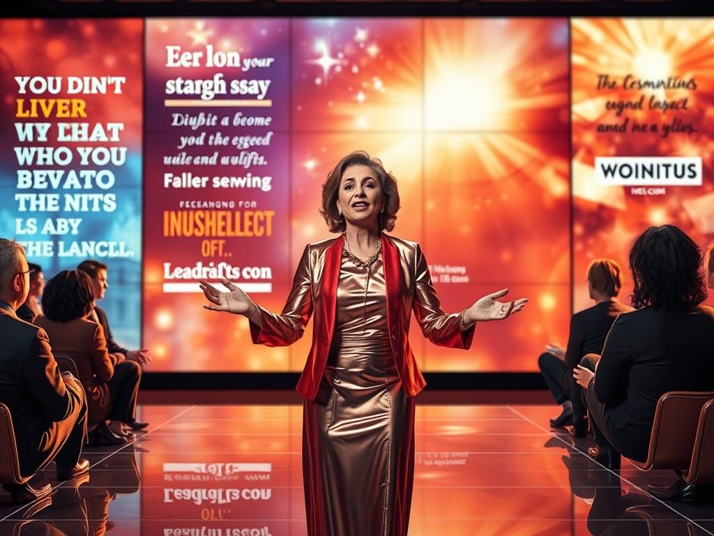 An elegant leader standing in front of a group, passionately sharing her vision. The backdrop features inspirational quotes and visuals representing legacy and impact. The scene captures the essence of leadership that inspires and uplifts, radiating confidence and purpose.