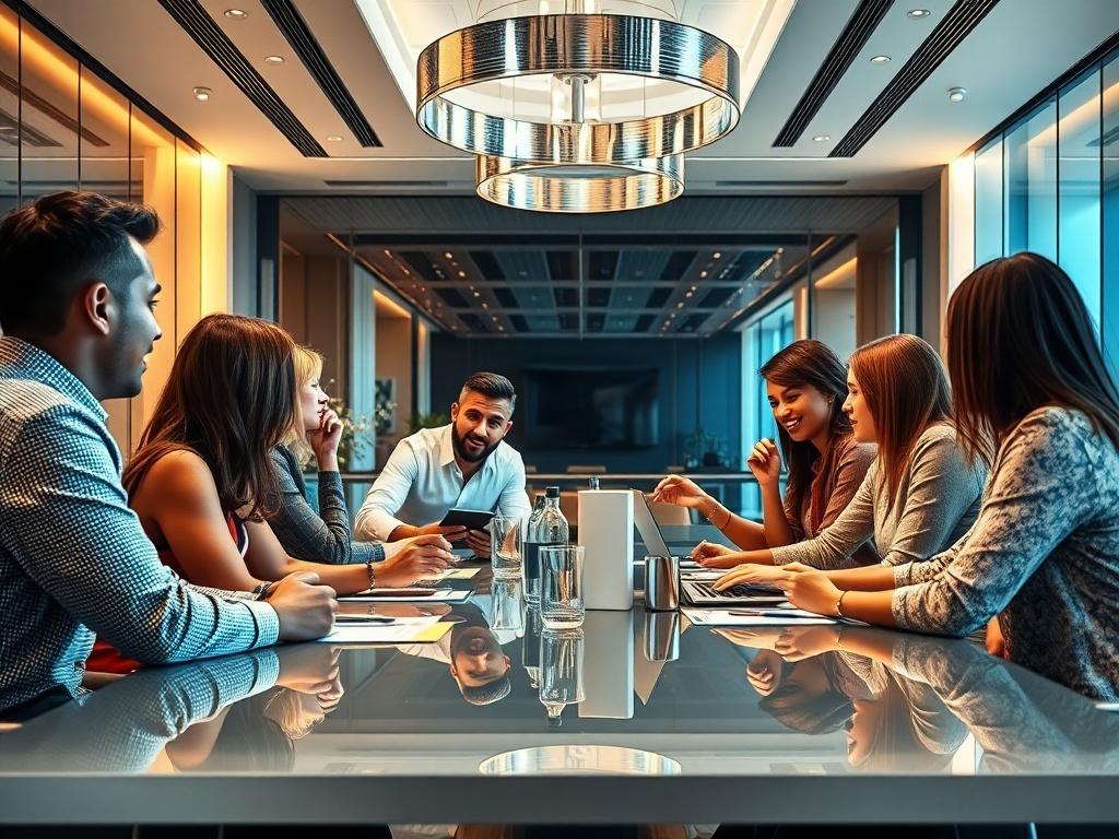 A dynamic team meeting in a modern, elegant conference room, with diverse professionals collaborating enthusiastically. The atmosphere is vibrant and inspiring, filled with high-end decor and natural light. Team members are engaged, showcasing a culture of innovation and empowerment.