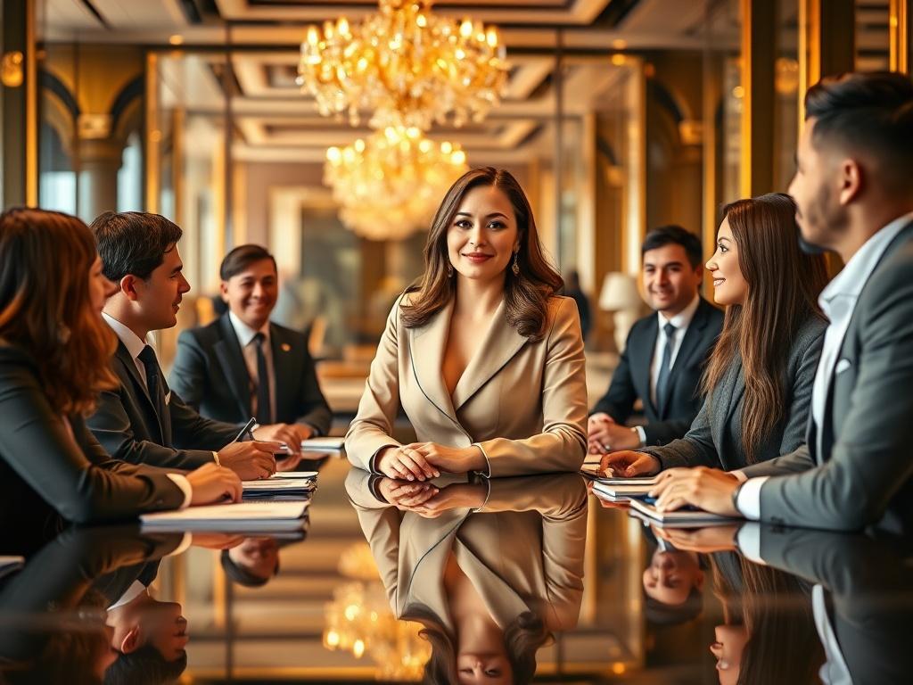 A luxurious office setting with a confident female leader in an elegant outfit, engaging with her diverse team. The space is filled with high-end decor and warm lighting, showcasing a sense of empowerment and collaboration. The leader radiates confidence and grace, symbolizing bespoke leadership development.