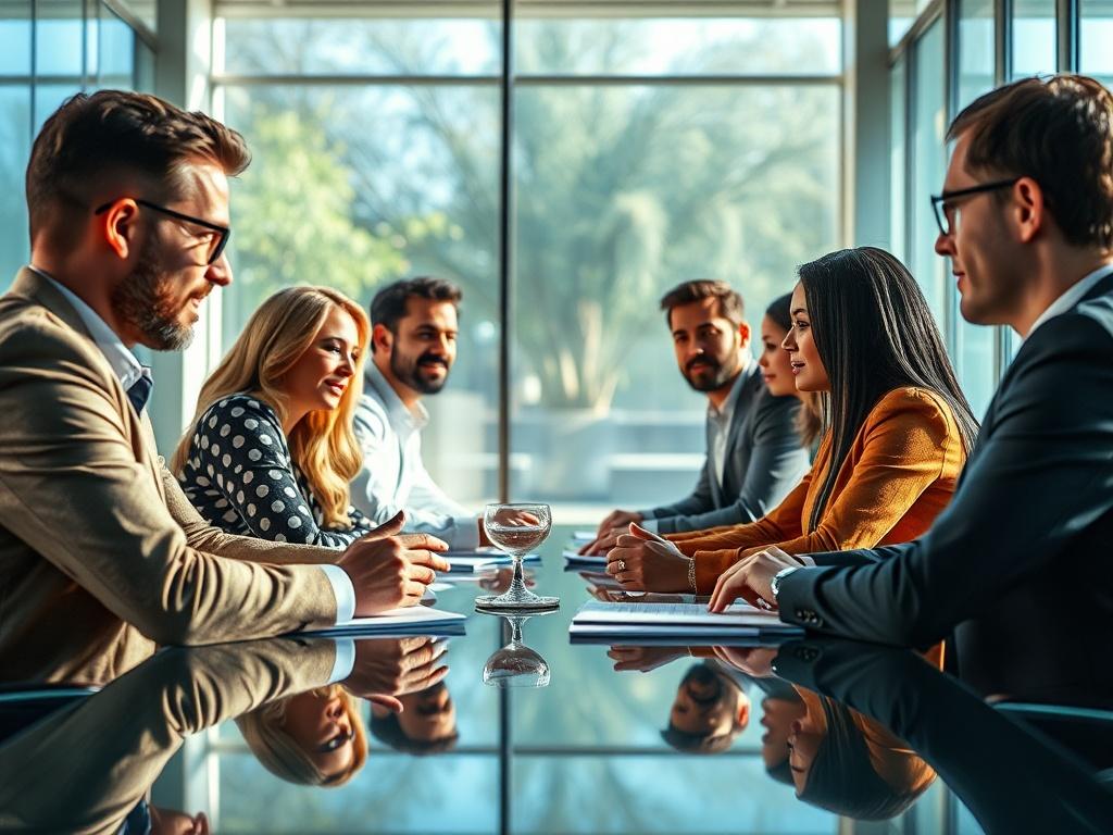 Design a high-resolution image showcasing a diverse team of leaders in a collaborative meeting environment. They should be engaging in active listening and open dialogue, demonstrating empathy and understanding. The setting should be modern and stylish, filled with natural light, symbolizing a vibrant and supportive workplace culture.