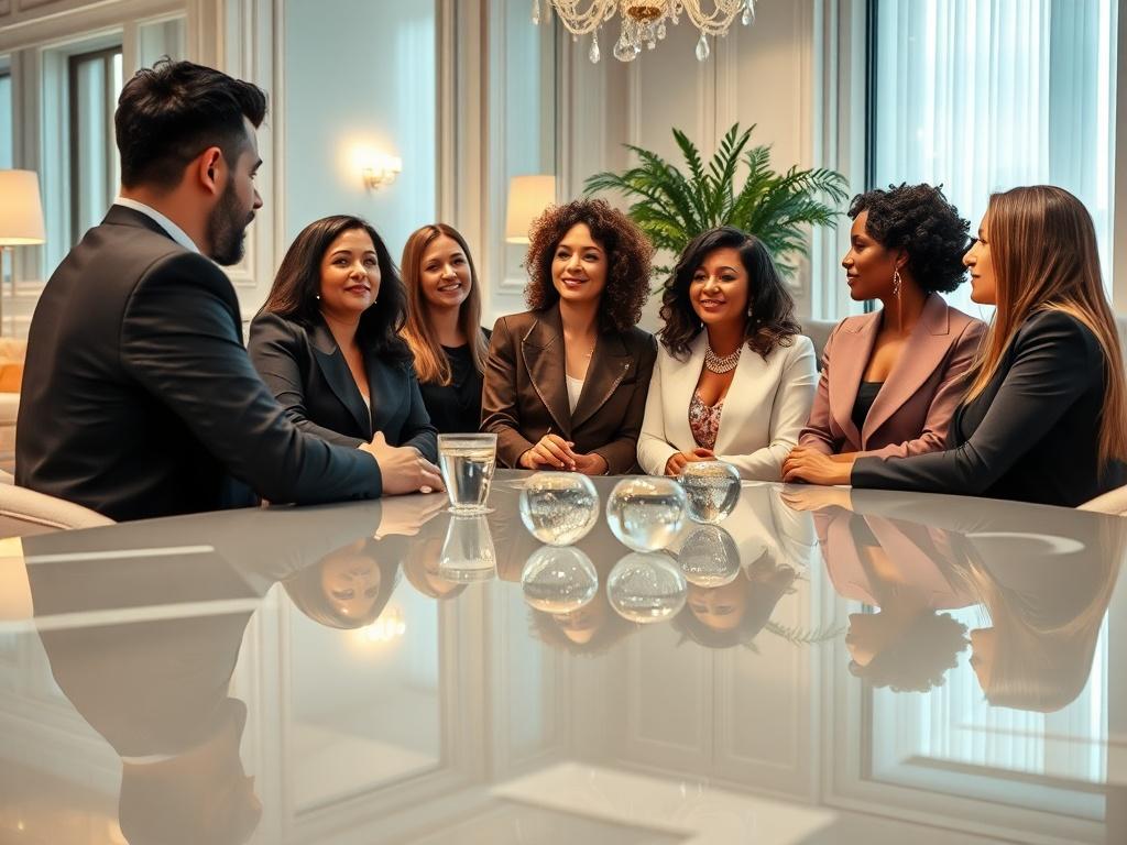 Create a realistic high-resolution image of an elegant leadership workshop setting with a diverse group of confident leaders engaging in a discussion. The room should be airy and stylishly decorated with soft lighting, featuring luxurious furniture and couture fashion elements. Focus on the leaders' expressions of empowerment and collaboration, capturing a moment of inspiration and creativity.