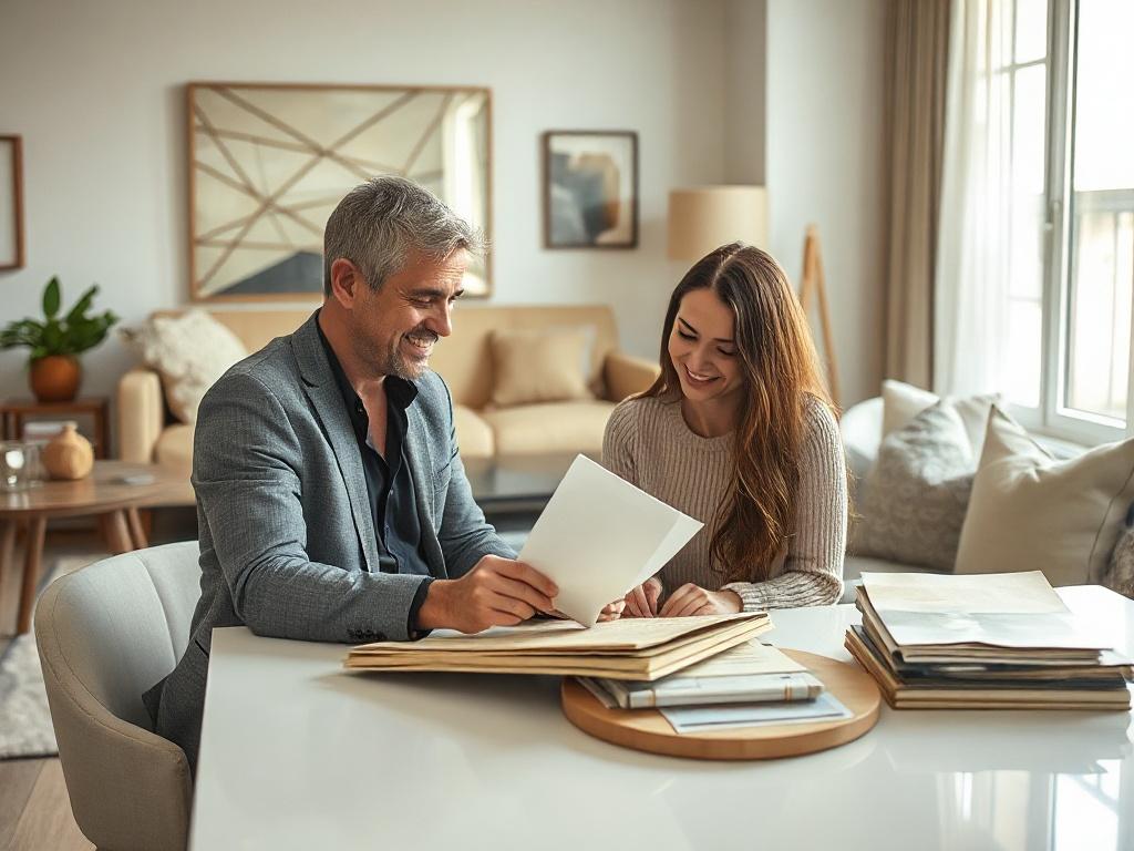 Create a realistic high-resolution photo that captures the essence of an interior design consultation. The composition should be simple and clear, featuring a single subject—a professional interior designer seated at a stylish, modern table. The designer is actively engaged with a client, showcasing a friendly and focused expression as they examine fabric swatches and paint samples. The background should depict a well-lit, elegantly designed interior space that features neutral tones and tasteful décor, enh