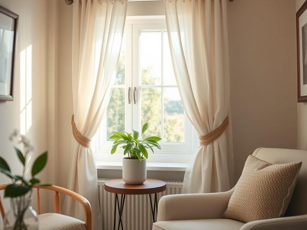 Create a realistic high-resolution photo that captures the essence of the blog titled "Small Windows, Big Problems—These Fixes Work Without Renovating." The composition should feature a beautifully styled small window in a cozy, well-decorated room. The window should be the focal point and should be adorned with elegant window treatments, such as soft, flowing curtains in a light, airy fabric that enhance the room's brightness. 

The background should include subtle hints of the room’s decor—perhaps soft pa