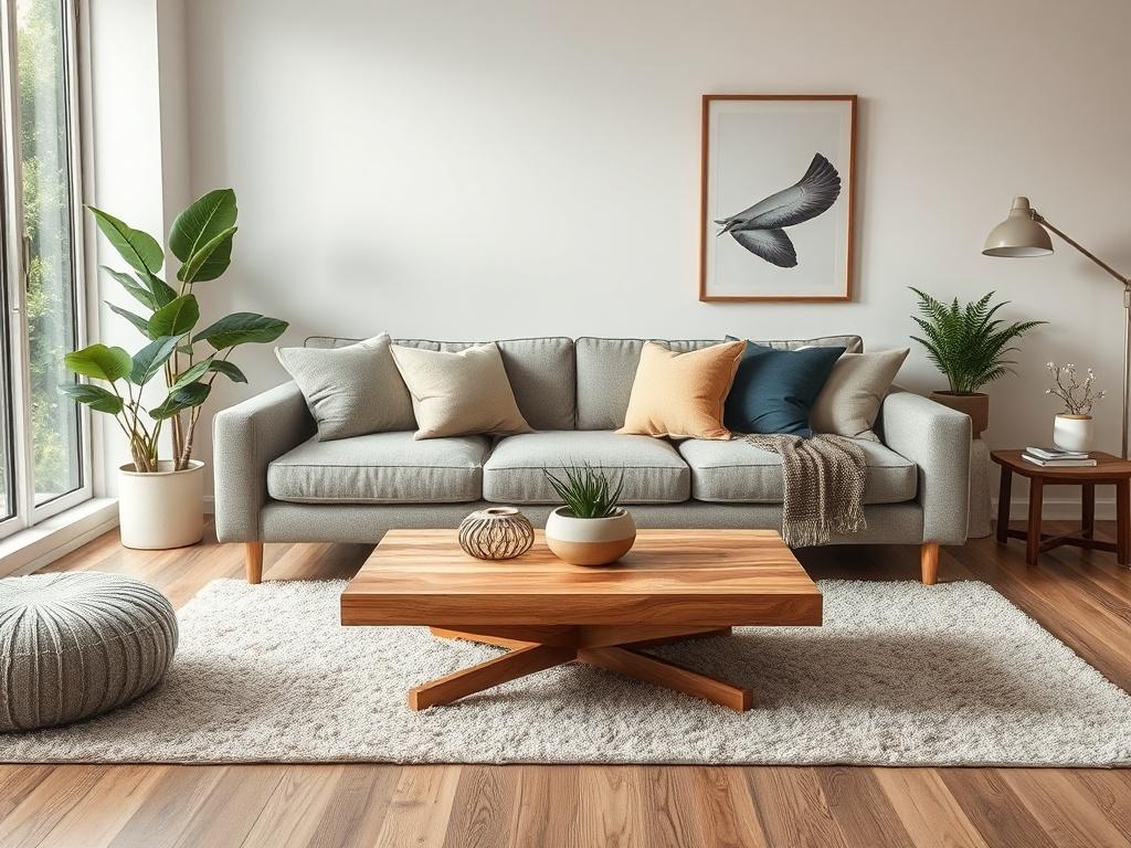 Create a highly realistic high-resolution photo that encapsulates the theme of "Transform Your Space: The Power of Interior Design." The composition should be simple and clear, focusing on a single subject: a beautifully designed living room. 

The subject should feature a stylish, modern sofa adorned with elegant cushions, a striking coffee table made of natural wood, and a plush area rug beneath. Surrounding the sofa, include tasteful decor elements such as a vibrant indoor plant and carefully selected wa