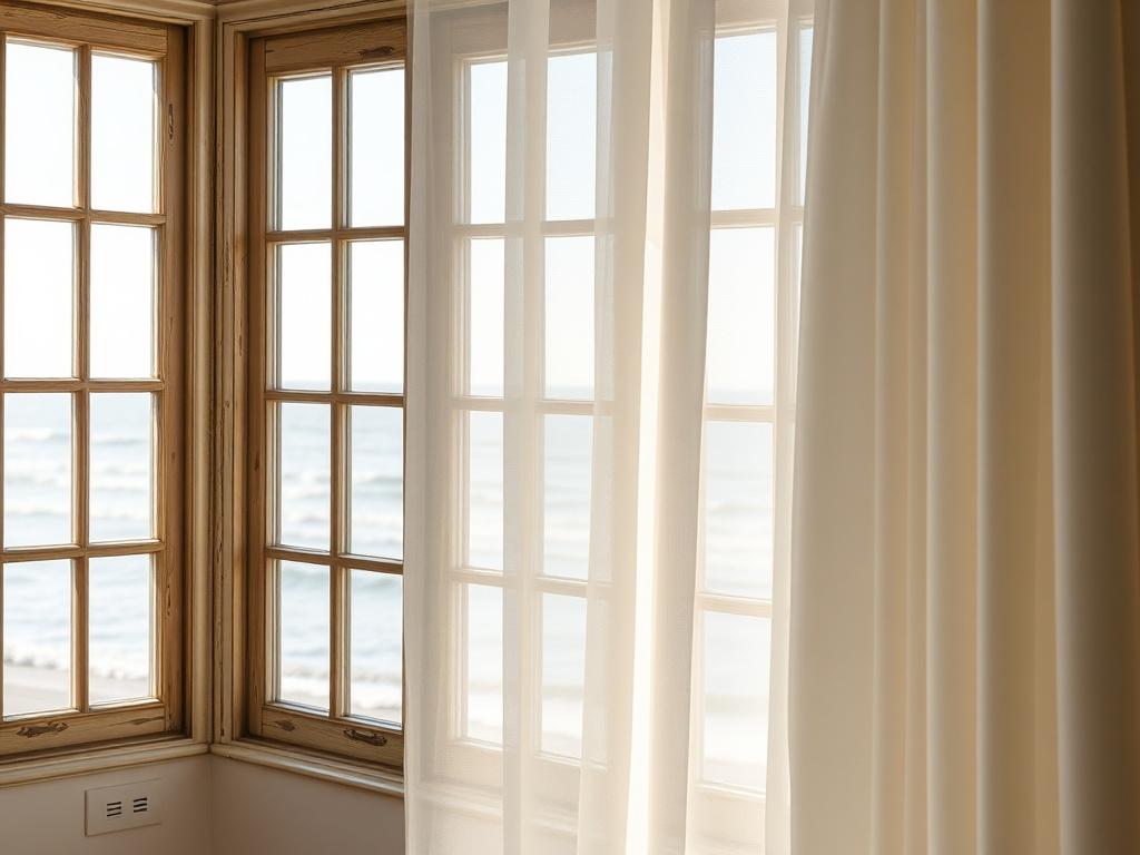 **AI Image Generation Prompt:**

Create a realistic high-resolution photo that captures the essence of a beautifully designed window treatment located in a coastal home on Boston's North Shore. The subject should be a stylish, sheer curtain elegantly draping over a large window that faces towards the ocean, allowing soft natural light to filter through. The window should showcase traditional old woodwork, displaying signs of weathering from sun glare and salt air. 

In the background, subtly hint at the coa