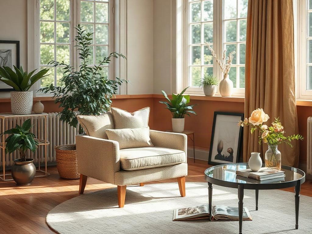 **AI Image Generation Prompt:**

Create a realistic high-resolution photo that captures the essence of a trusted interior design studio. The composition should feature a cozy and beautifully designed living room, showcasing a single elegant armchair with tasteful decor around it. The chair should be upholstered in a soft, muted fabric that complements the overall color palette, featuring natural lighting that fills the space through large windows, enhancing the inviting atmosphere.

In the backdrop, incorpo