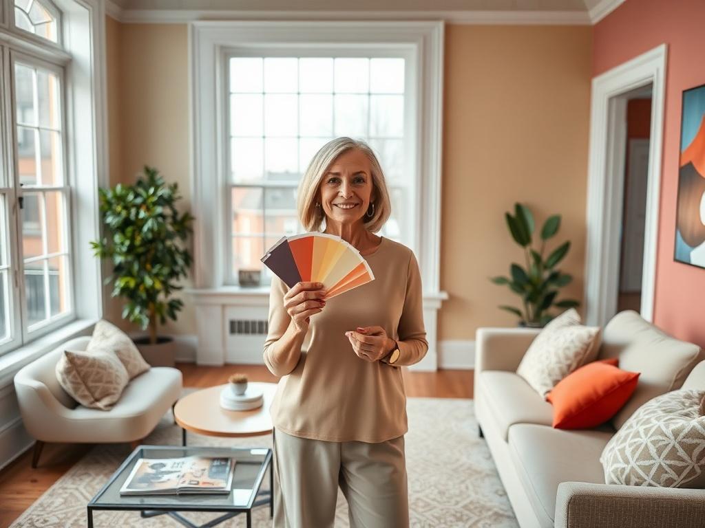 Create a realistic high-resolution photo of a professional color consultant standing in a beautifully decorated Boston living room. The consultant, a middle-aged woman with a warm smile, is holding a color swatch in one hand while gesturing towards a painted accent wall. The room features large windows allowing natural light to flood in, showcasing a cozy yet modern aesthetic with a mix of traditional Boston architecture such as crown molding and hardwood floors. 

In the background, incorporate a stylish s