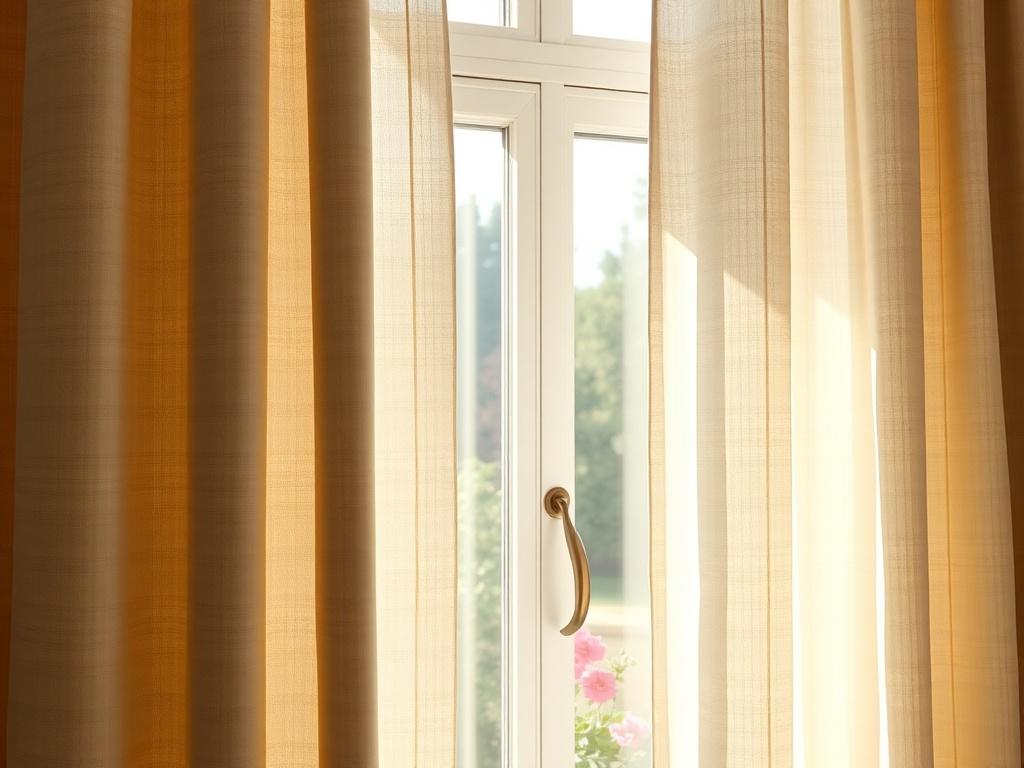 **AI Image Generation Prompt:**

Create a realistic high-resolution close-up photograph of a beautifully styled window featuring elegant window treatments. The subject should be a luxurious, well-draped fabric curtain in a soft, neutral color, subtly filtering light, allowing soft, warm sunlight to illuminate the room. The fabric should have a slight texture, hinting at its quality and inviting nature.

In the background, include a partially visible window with a scenic outdoor view of a garden or a serene 