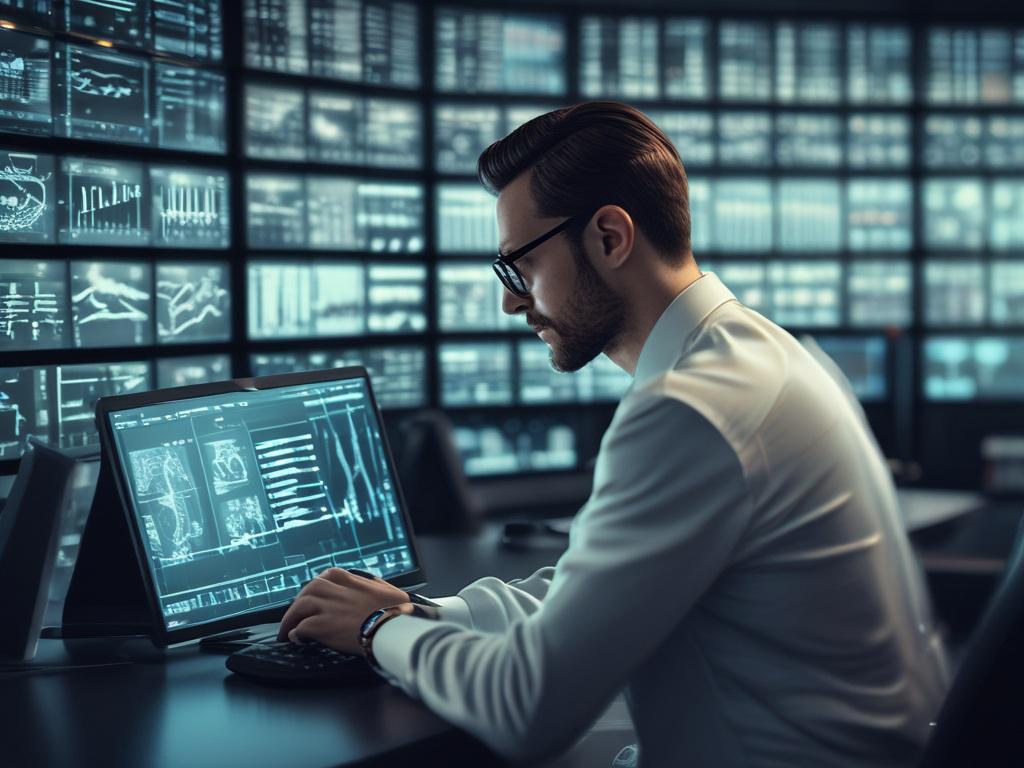 A hyper-realistic close-up shot of a cybersecurity expert analyzing digital security data on multiple transparent screens in a dark control room. The scene is focused on the expert's intense eyes and hands interacting with holographic risk assessment charts and incident response plans. The background is softly blurred with shades of rgb(50, 170, 39) green accent lighting, shot with a 45mm f/1.2 lens style to emphasize sharp details and depth.
