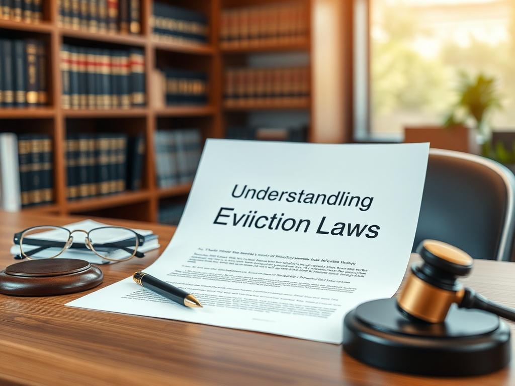 Create a realistic high-resolution photo capturing a close-up shot of a single legal document titled "Understanding Eviction Laws in Nevada." The document should be pristine and neatly arranged on a wooden desk with a subtle sheen to the surface, indicating professionalism. Surrounding the document, include a few essential items that suggest a legal context: a sleek black pen, a pair of reading glasses, and a small gavel, all in focus.

In the background, maintain a soft-focus effect of a well-organized off