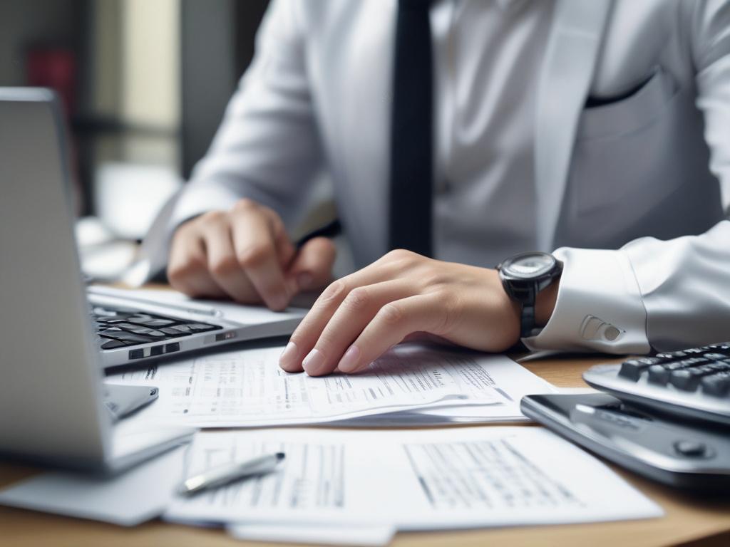 A hyper-realistic close-up of a focused accountant at work, showing detailed hands typing on a laptop with financial documents and a calculator nearby. The background should be softly blurred to emphasize the accountant, with warm lighting that creates a professional and inviting atmosphere. The color scheme should incorporate shades of green, specifically rgb(50, 170, 39), to convey trust and stability.