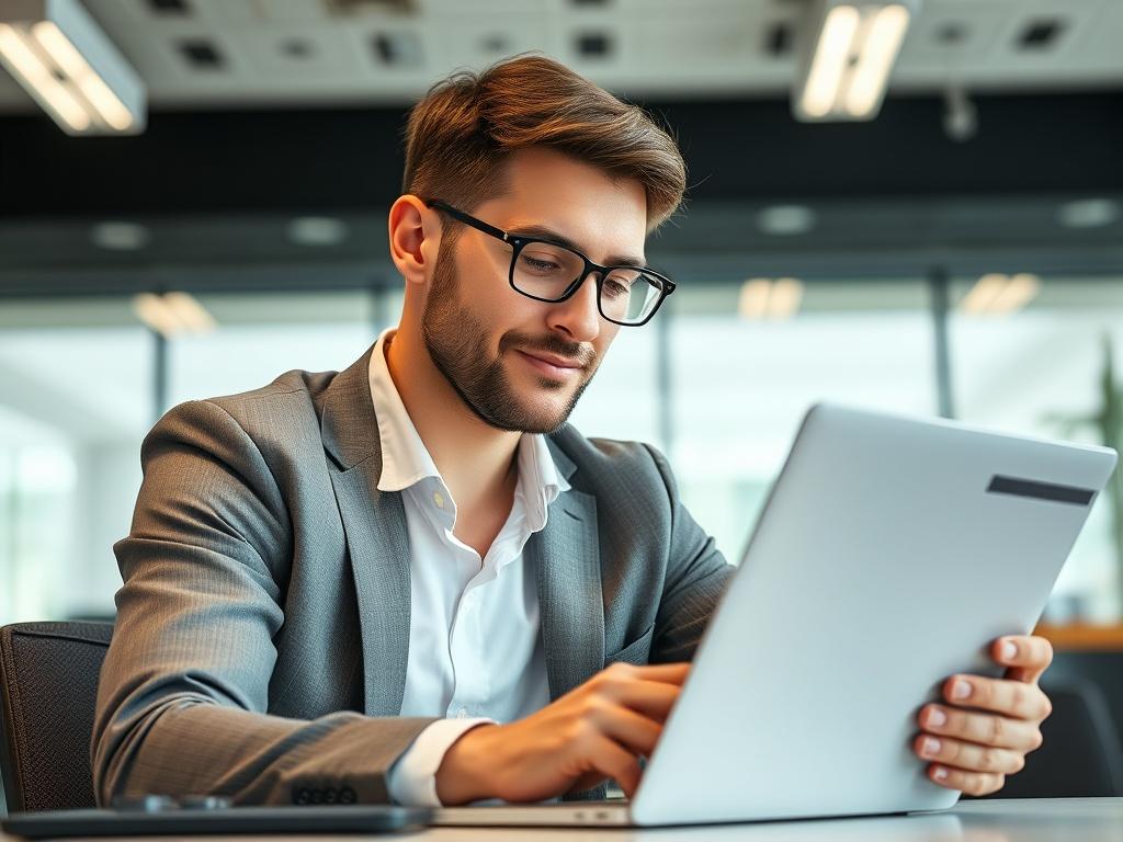 A close-up shot of a business person reviewing financial reports on a laptop, with a relaxed expression. The background should be a modern office setting, emphasizing a stress-free environment that indicates the ease of outsourcing accounting.