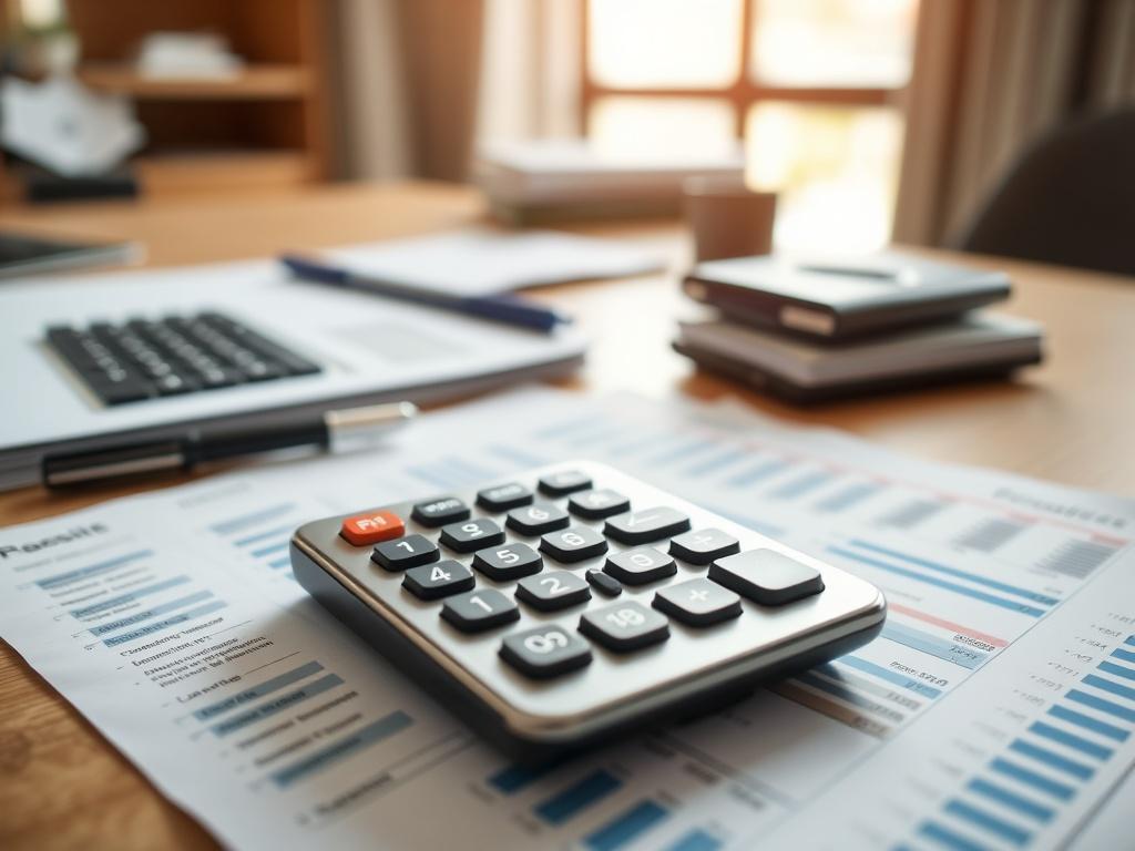 A close-up shot of a calculator and financial documents on a desk, symbolizing cost-effective accounting solutions. The background should be softly blurred to emphasize the focus on the calculator and documents, showcasing a professional office environment with natural lighting.