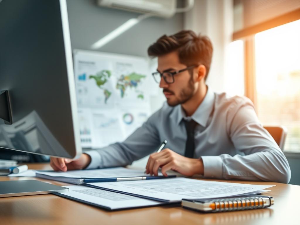 A close-up shot of a professional accountant working diligently at their desk, surrounded by financial documents and a computer. The background should convey professionalism and trust, highlighting the importance of expertise in accounting.
