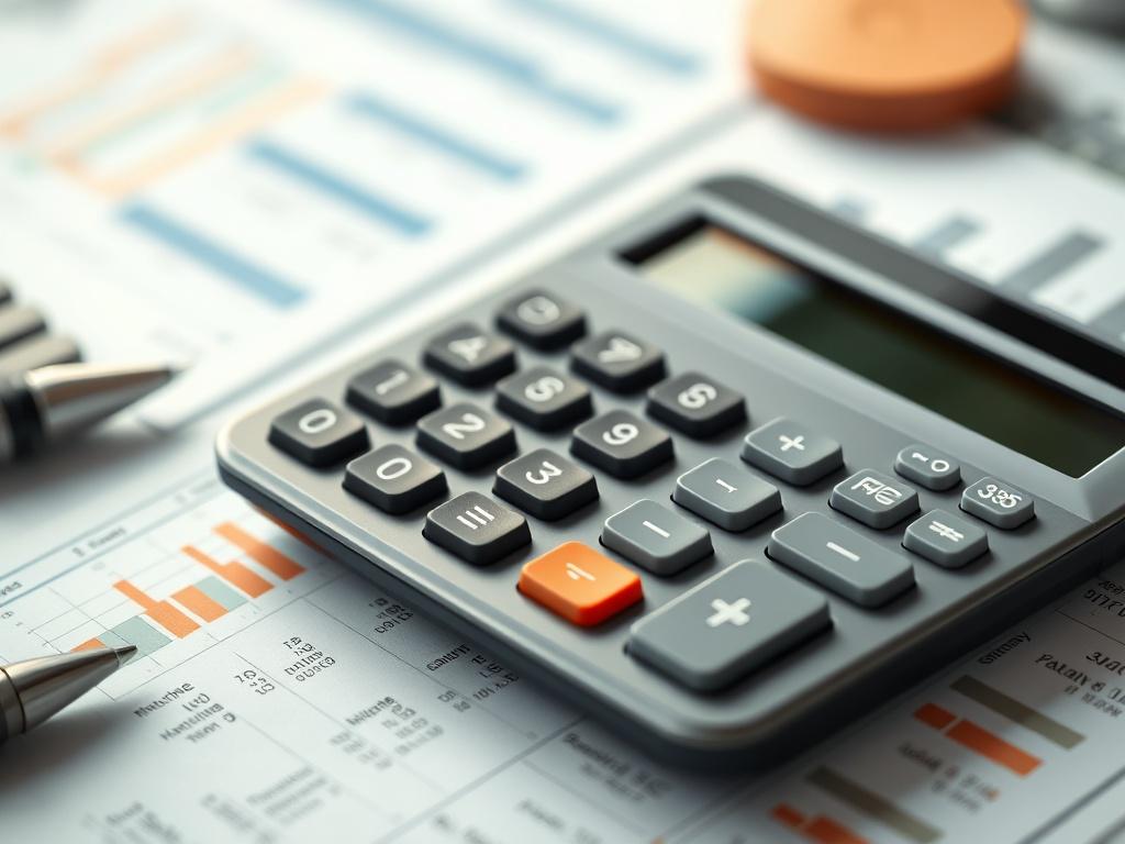 A hyper-realistic close-up of a calculator surrounded by financial documents, depicting efficient accounting solutions. The background should subtly feature a workspace with a slight blur, emphasizing the calculator and documents in vibrant colors, especially shades of rgb(50, 170, 39).