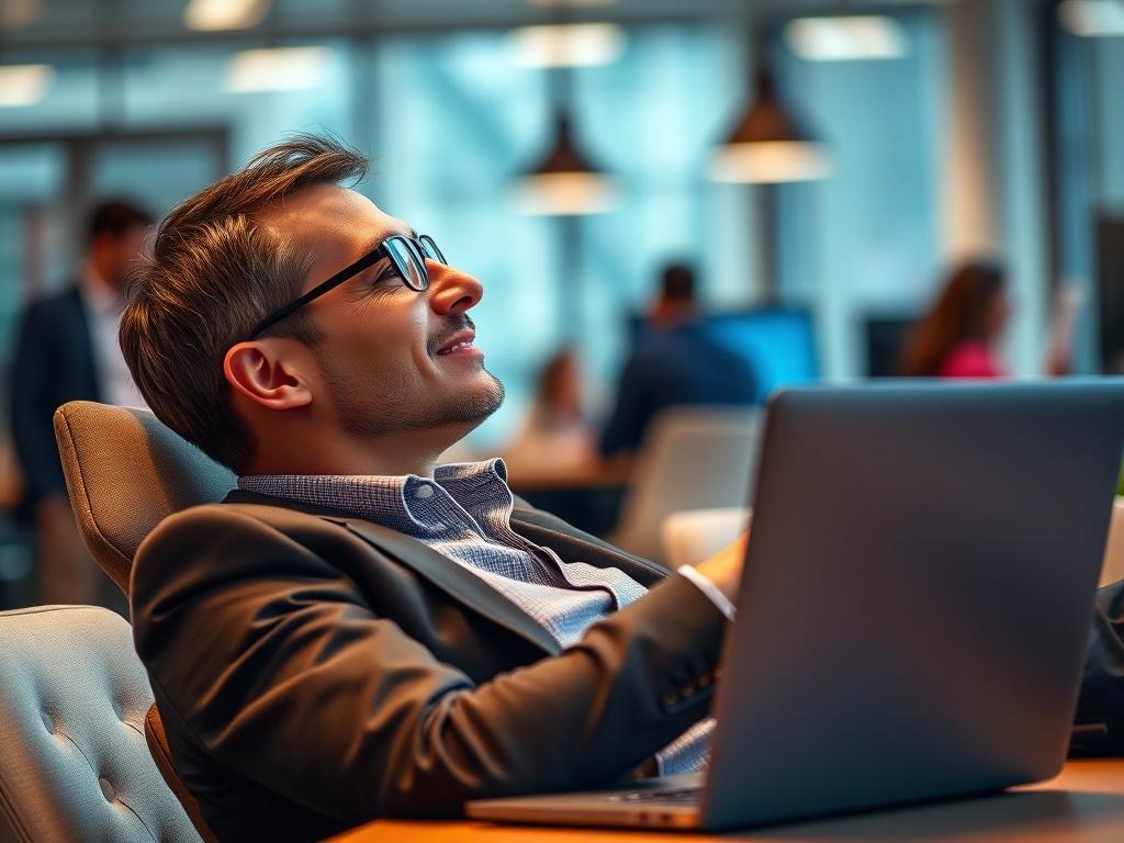 A hyper-realistic close-up of a business owner relaxing at a desk with a laptop, exuding a sense of calm and confidence. The background should hint at a busy office environment, slightly blurred, while highlighting the owner in vibrant colors, especially shades of rgb(50, 170, 39).