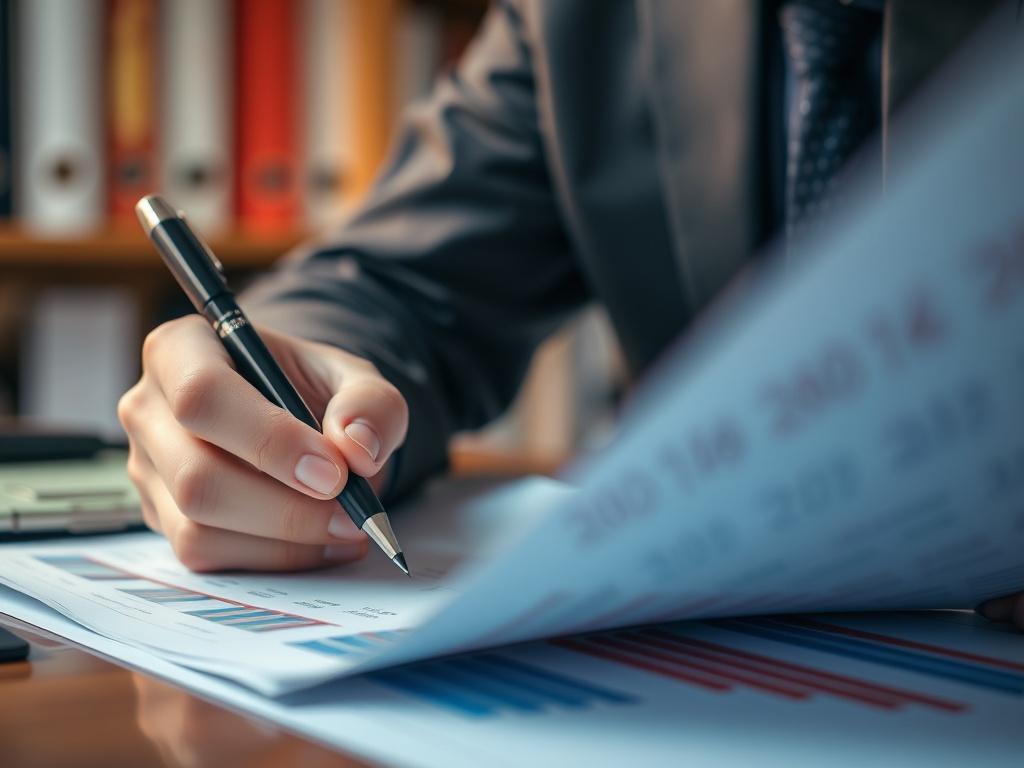 A hyper-realistic close-up of a person reviewing financial reports with a pen in hand, showcasing a focus on expertise. The background should include a hint of a bookshelf or office supplies, slightly blurred, emphasizing the documents in vivid colors, especially shades of rgb(50, 170, 39).