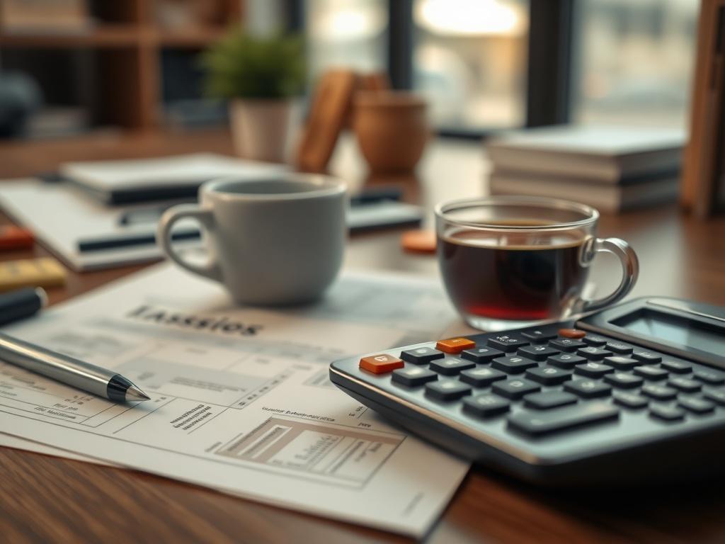 A close-up shot of tax documents and a calculator on a desk with a cup of coffee, illustrating a productive atmosphere. The background should feature soft-focus elements of office decor, creating a professional yet relaxed environment, shot with a 45mm f/1.2 lens.