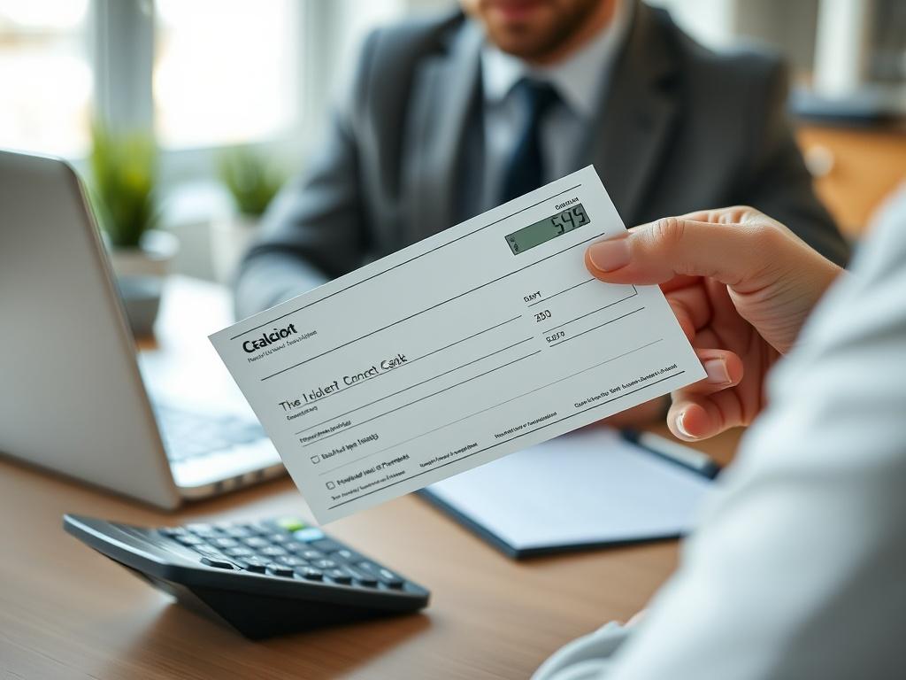 A close-up shot of a professional holding a paycheck with a calculator and a laptop in the background. The setting should have a clean and organized office vibe with natural light streaming in, emphasizing a sense of clarity and precision, shot with a 45mm f/1.2 lens.