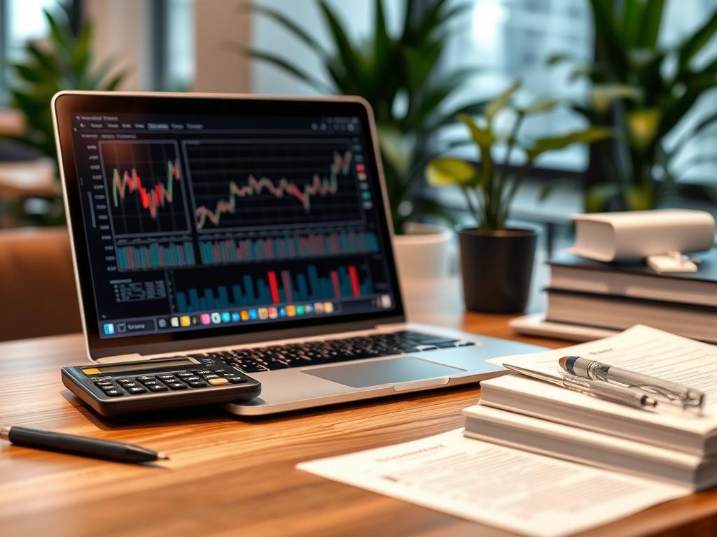 A close-up shot of a modern workspace featuring a laptop with financial graphs on the screen, a calculator, and accounting books neatly arranged. The background should be a soft-focus office setting with greenery to reflect a professional yet inviting atmosphere, shot with a 45mm f/1.2 lens.