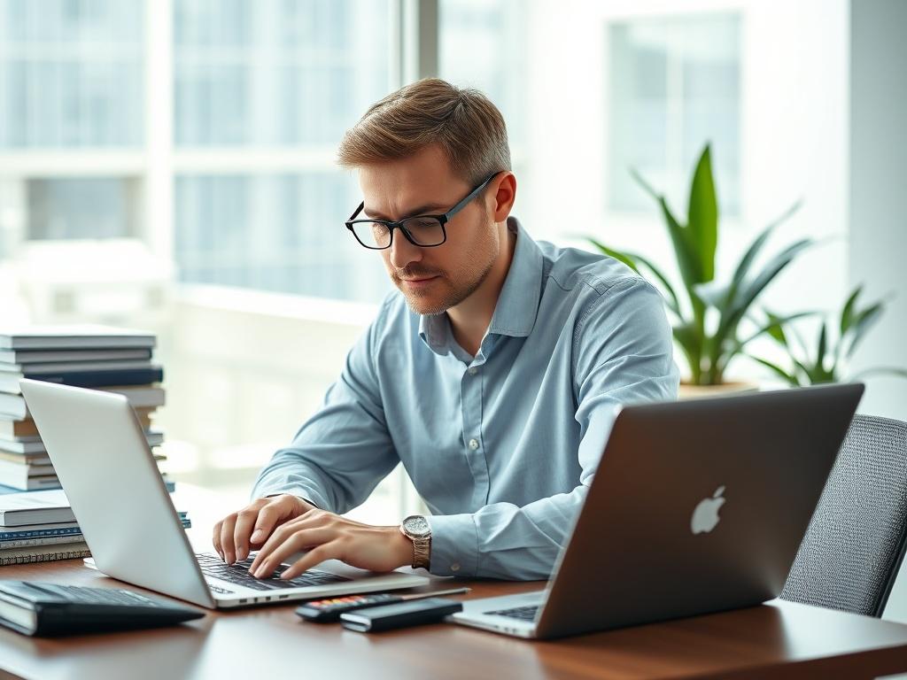Create a realistic high-resolution photo depicting a professional accountant sitting at a modern desk in a bright, well-lit office environment. The single subject should be a middle-aged male accountant with glasses, reviewing financial documents on his laptop with a focused and confident expression. The background should feature organized workspace elements, including a neatly stacked pile of accounting books, a calculator, and a potted plant placed subtly to the side, adding a touch of greenery. The composition should be simple and clear, emphasizing the accountant as the focal point of the image without any distractions. The overall ambiance should convey efficiency and professionalism, reflecting the theme of outsourcing accounting as a smart and beneficial decision for businesses. Use vibrant colors, particularly incorporating shades of green to align with the RGB(50, 170, 39) primary color theme associated with the blog focus on benefits.