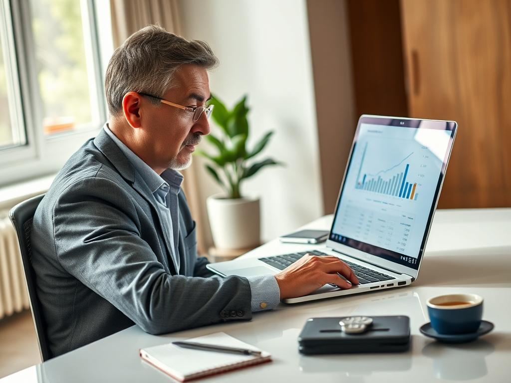 **AI Image Generation Prompt:**

Create a realistic high-resolution photograph that visually embodies the concept of financial clarity in business growth. The main subject of the image should be a thoughtful, middle-aged CEO (Caucasian, African American, or Hispanic descent) sitting at a sleek, modern desk with a laptop open in front of them. The CEO has an expression of contemplation and concern as they gaze at a financial report on the screen, symbolizing the tension between revenue growth and banking acc