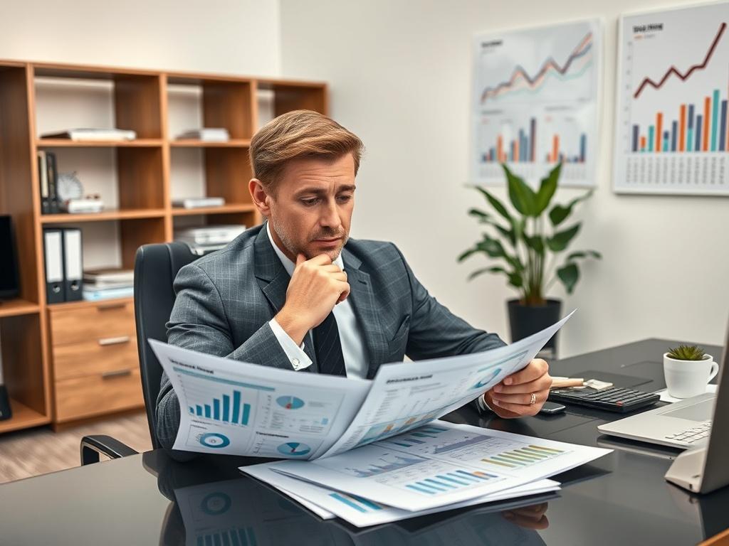 **AI Image Generation Prompt:**

Create a realistic high-resolution photo featuring a solitary business professional seated at a modern desk in a well-lit office environment. The professional, a middle-aged Caucasian male with light brown hair, appears deep in thought while analyzing financial documents spread out in front of him, including graphs and spreadsheets. His expression reveals a blend of concern and realization, embodying the moment of uncovering the truth about profit margins.

In the background