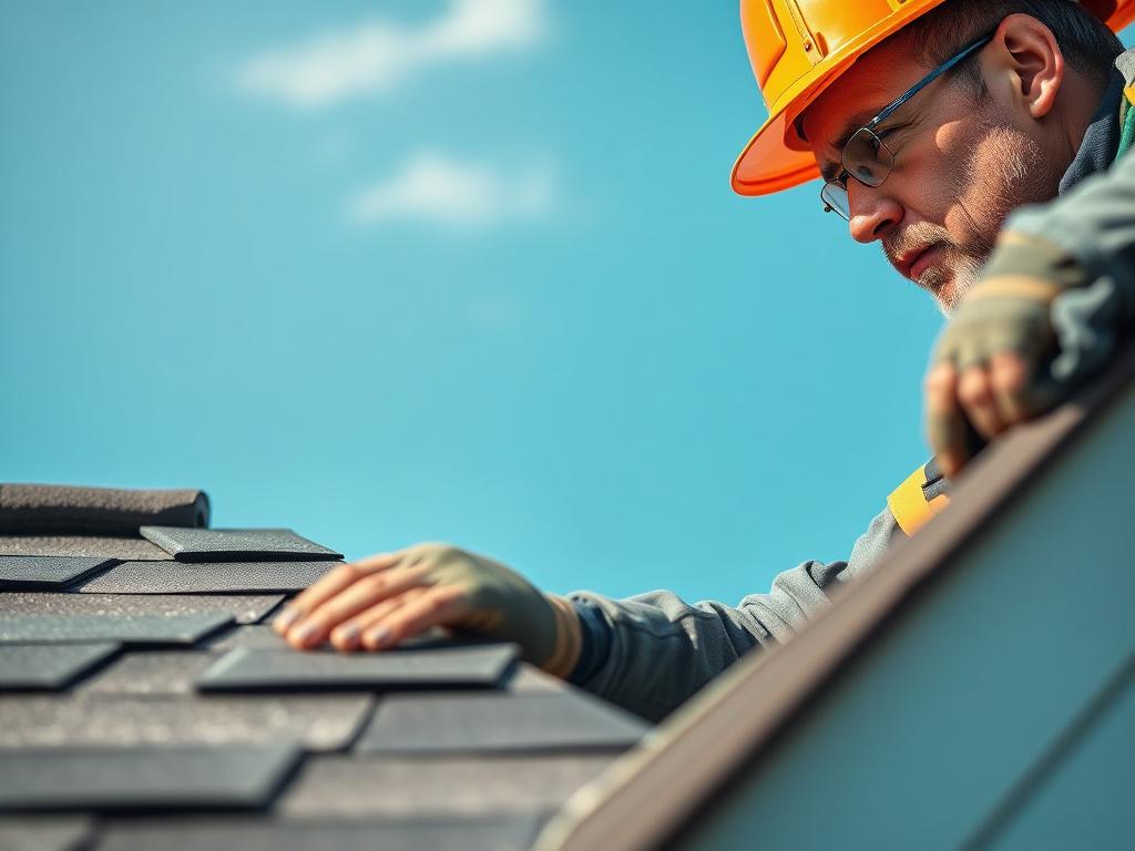 A close up shot of a professional roofer repairing a