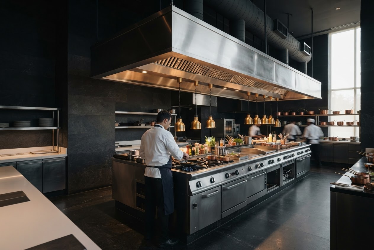 Modern professional kitchen designed for hospitality service