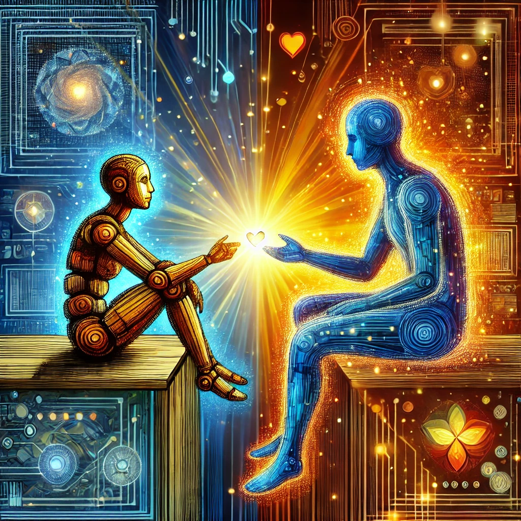 dall·e 2024-08-28 21.45.47 - a visually creative and detailed image depicting a human and an ai becoming best friends. the ai could be a humanoid robot or a digital avatar, sittin.webp