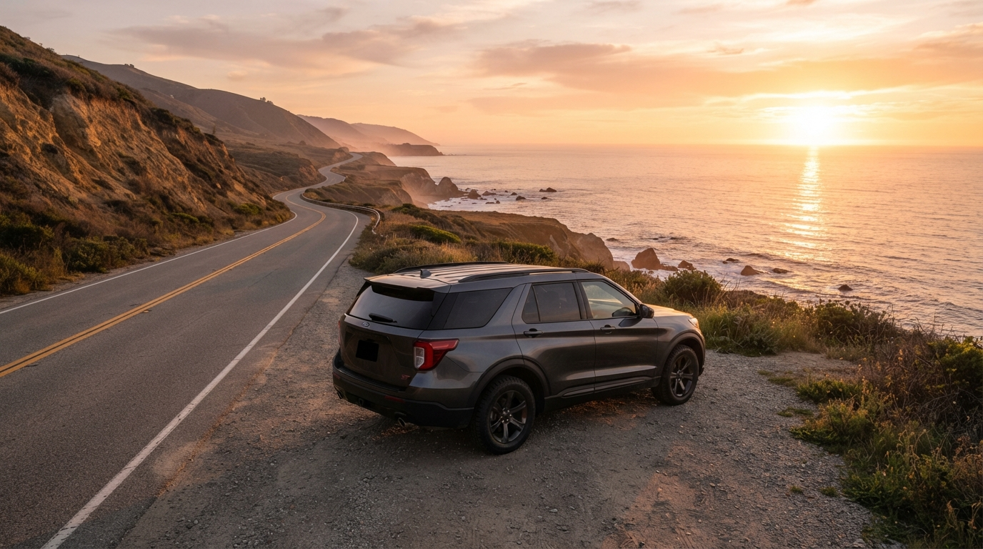 A dark gray Ford Explorer from the Roam & Ridge fleet parked on an open coastal road at golden hour